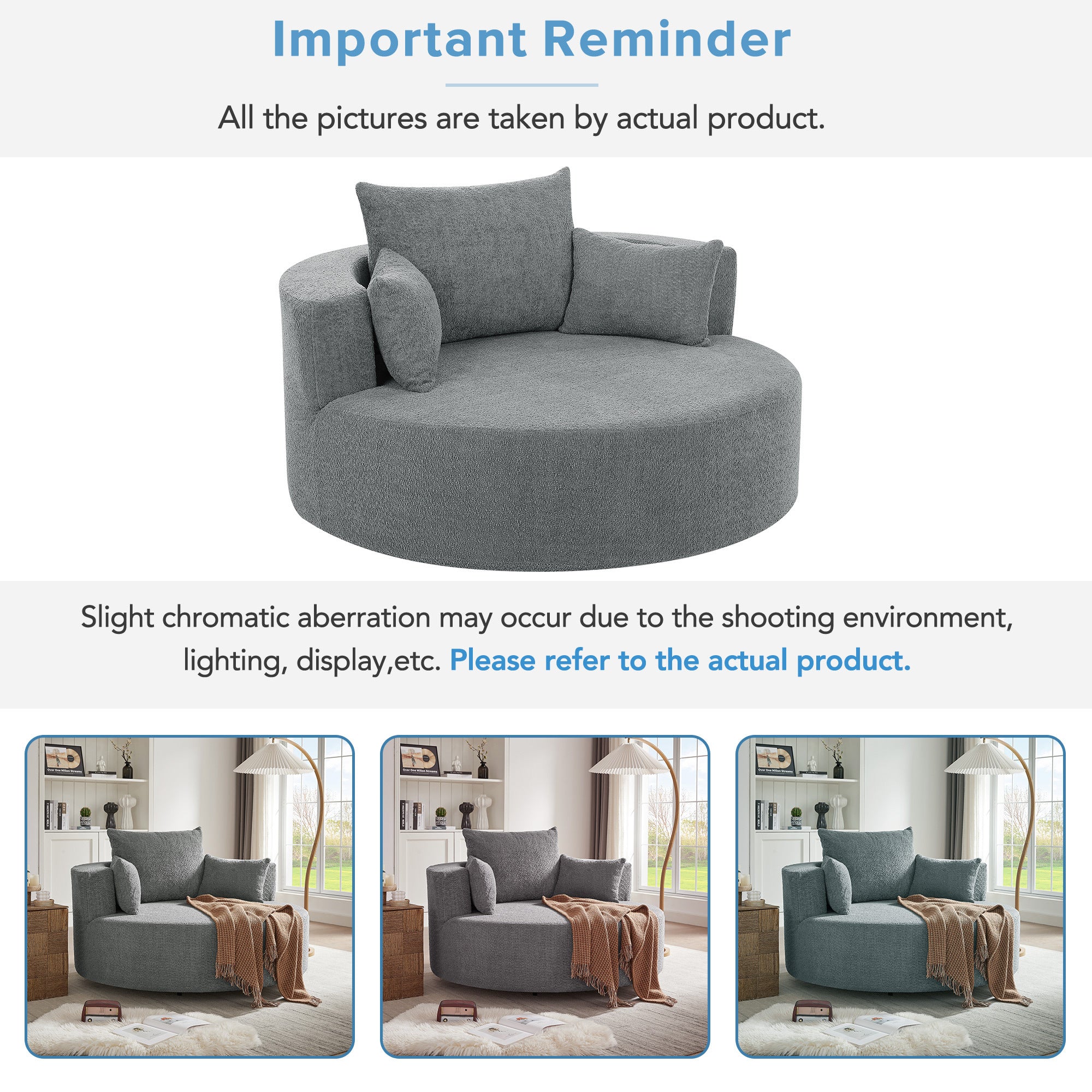 Swivel Barrel Chair - Grey Chenille with Removable Pillows