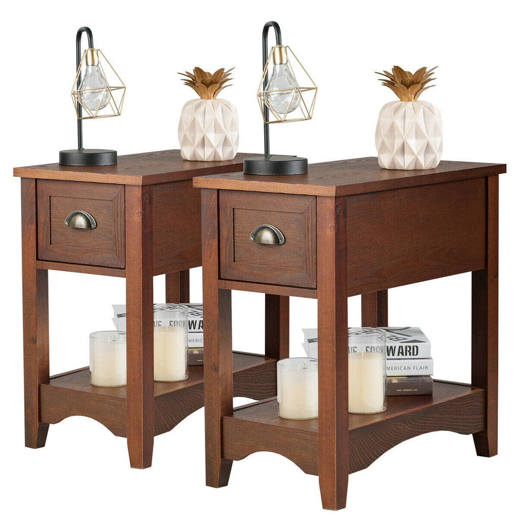 Set of 2 Walnut Side Tables with Drawer