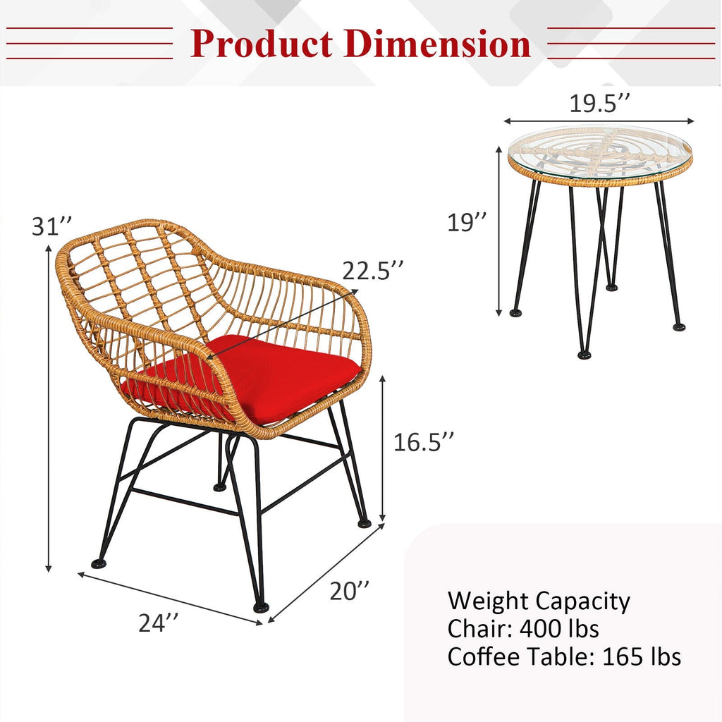 3-Piece Rattan Patio Set with Cushioned Seating