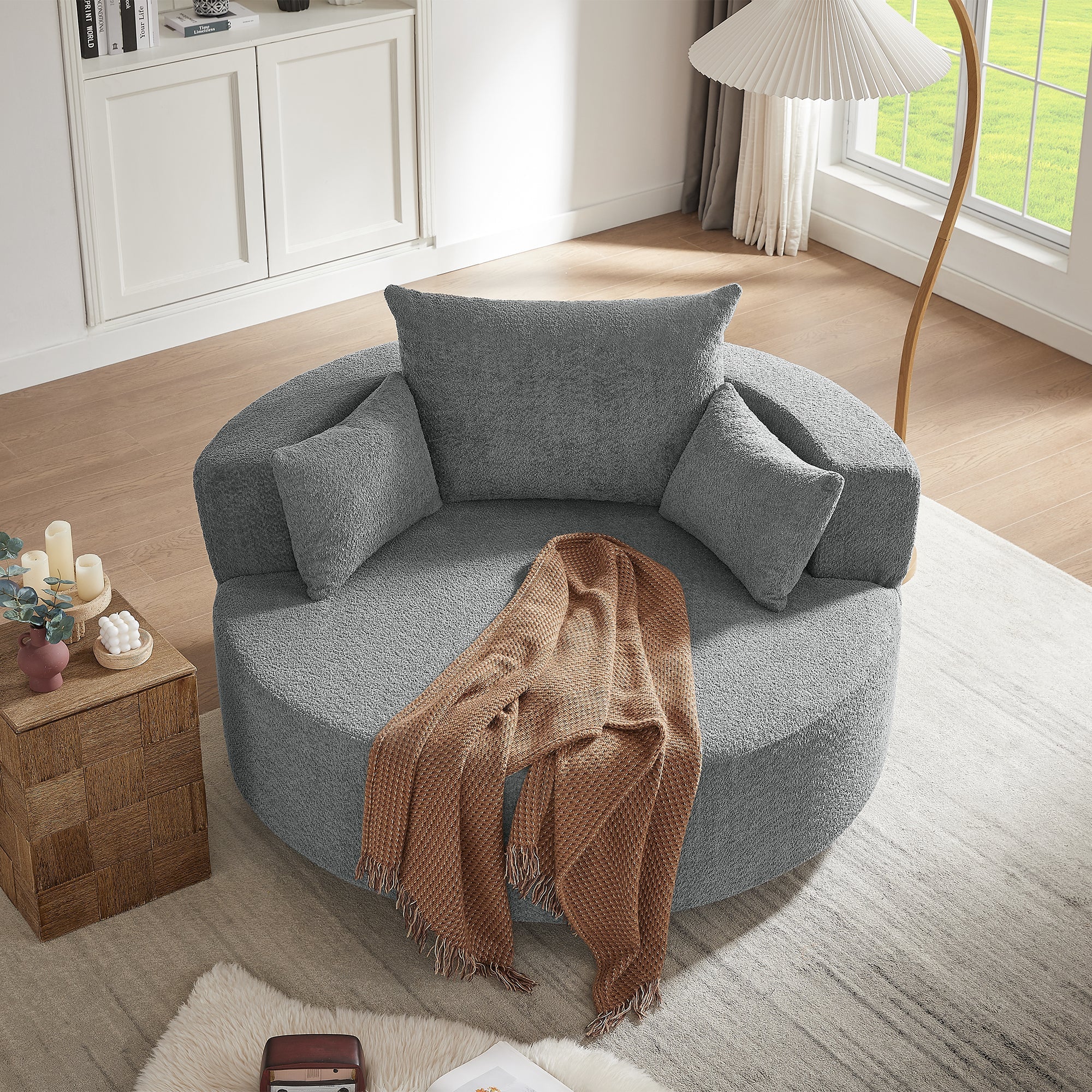 Swivel Barrel Chair - Grey Chenille with Removable Pillows
