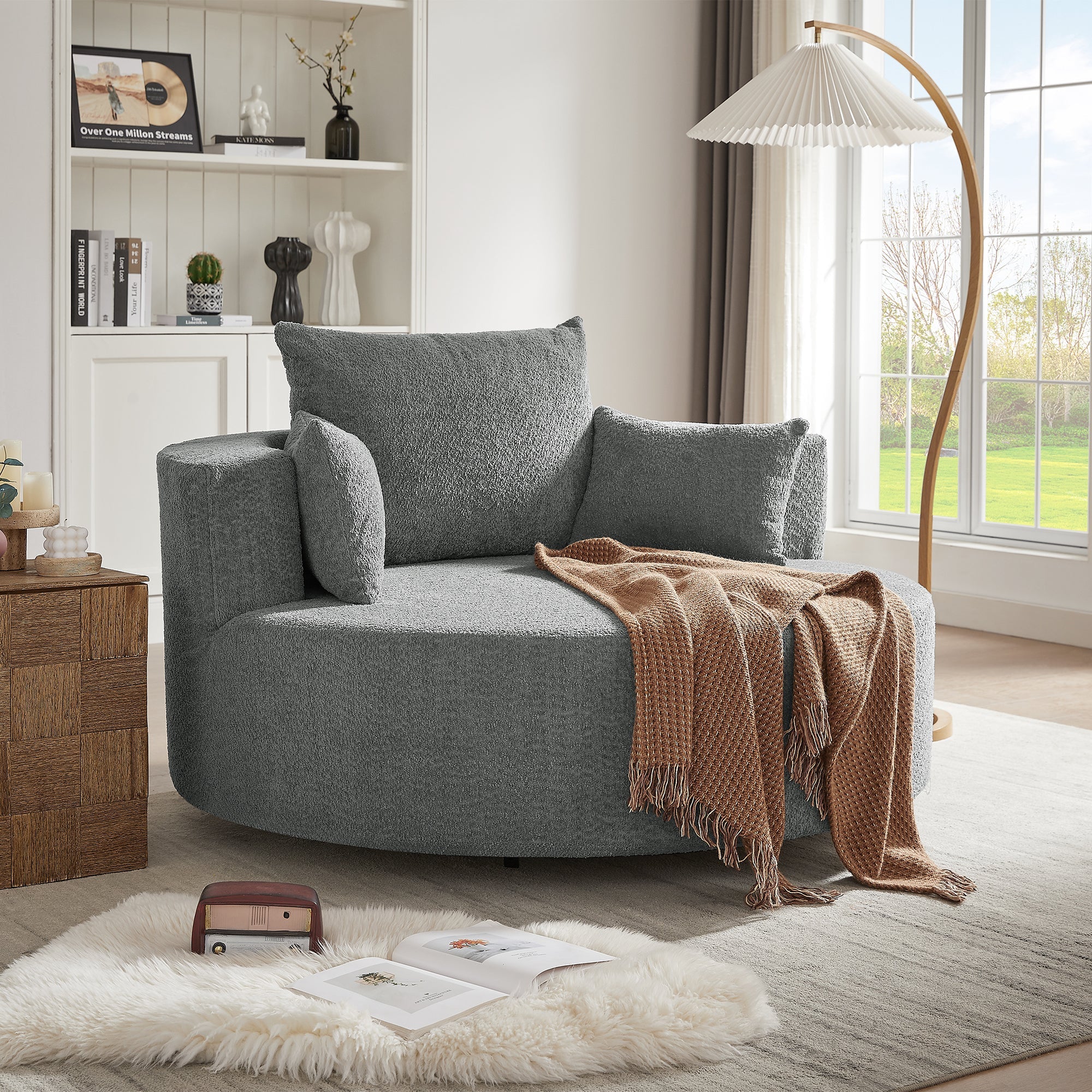 Swivel Barrel Chair - Grey Chenille with Removable Pillows