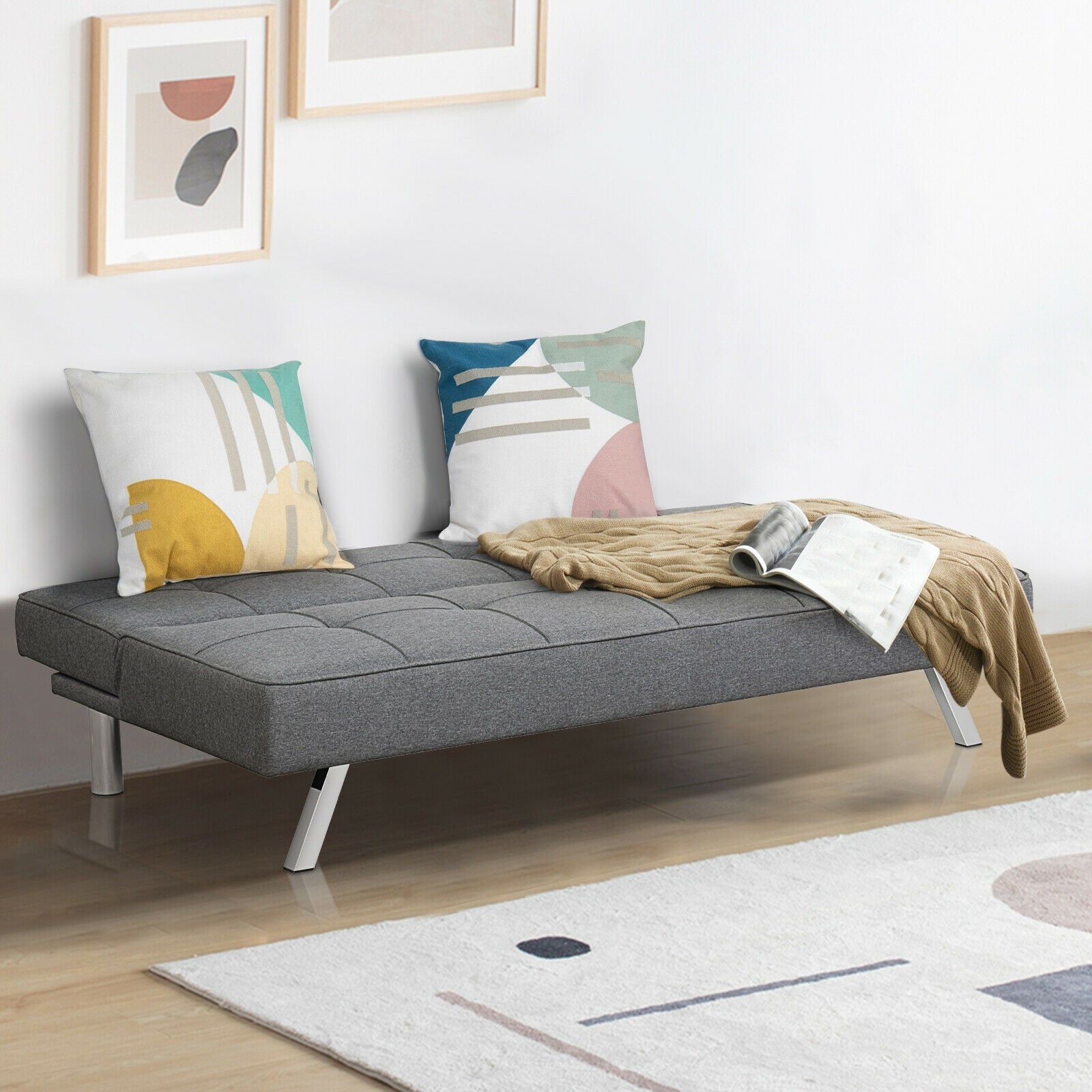 3-Seat Convertible Sofa Bed | Linen Fabric & High-Density Foam