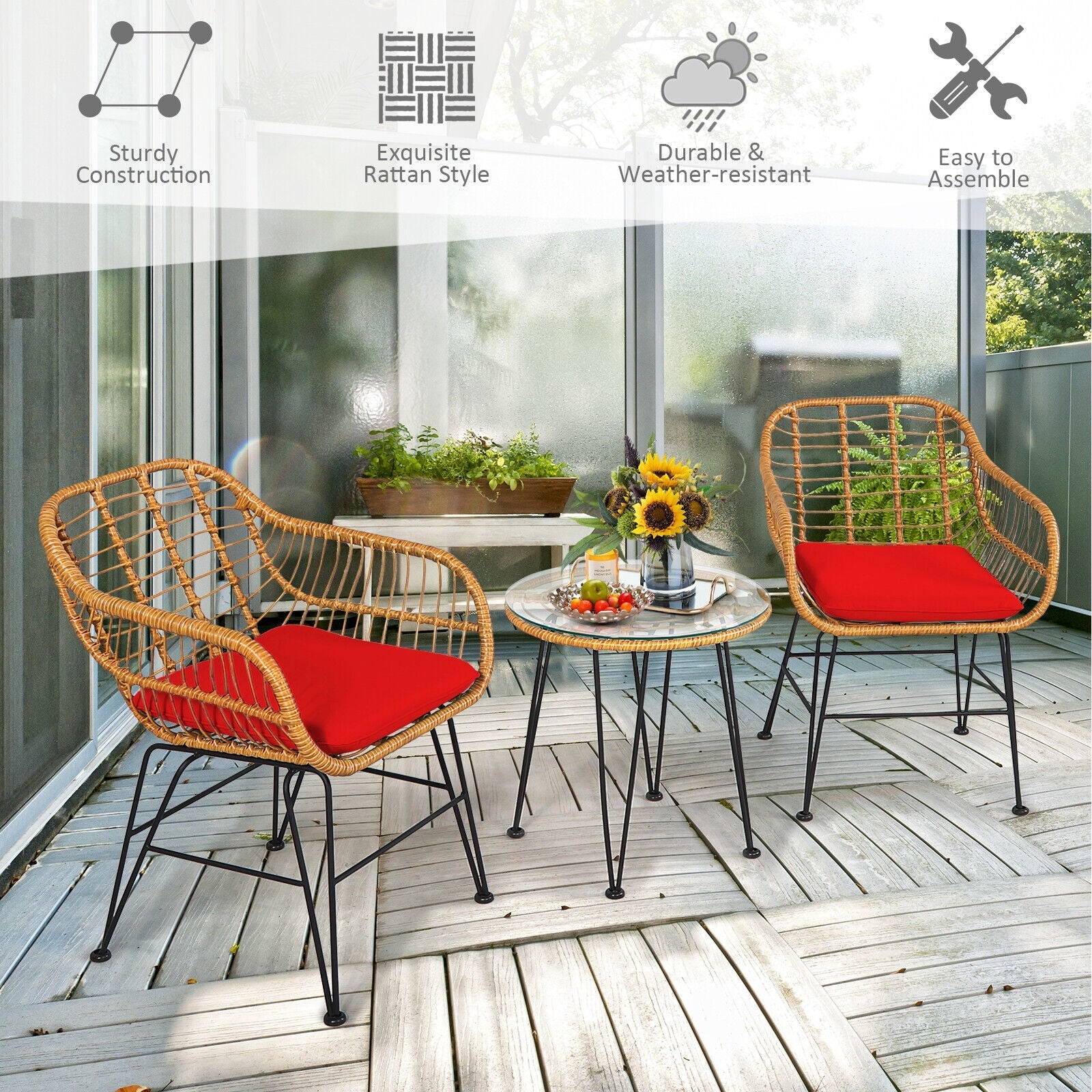 3-Piece Rattan Patio Set with Cushioned Seating