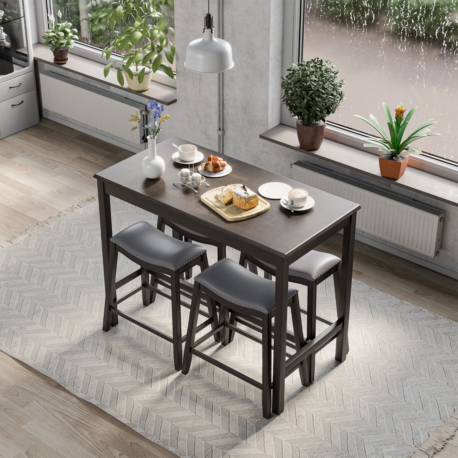 5-Piece Upholstered Dining Set with Bar Table & 4 Stools