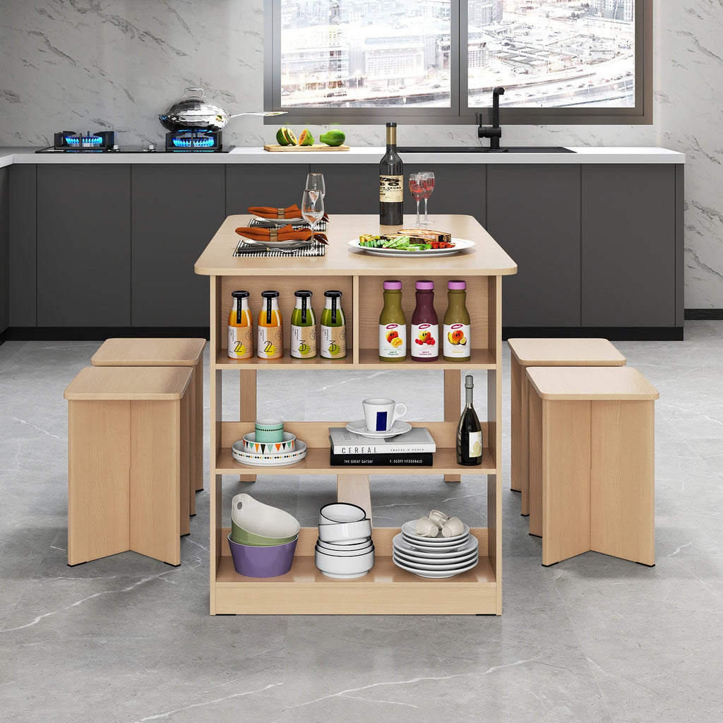 5-Piece Dining Set with Storage Shelf and 4 Stools