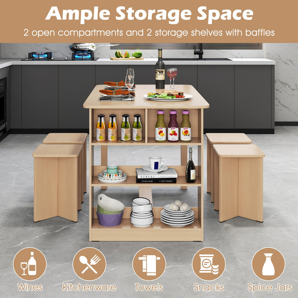 5-Piece Dining Set with Storage Shelf and 4 Stools
