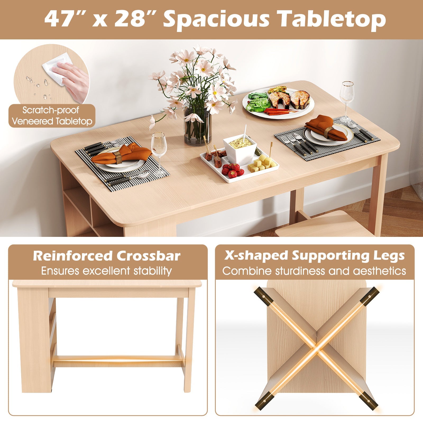 5-Piece Dining Set with Storage Shelf and 4 Stools