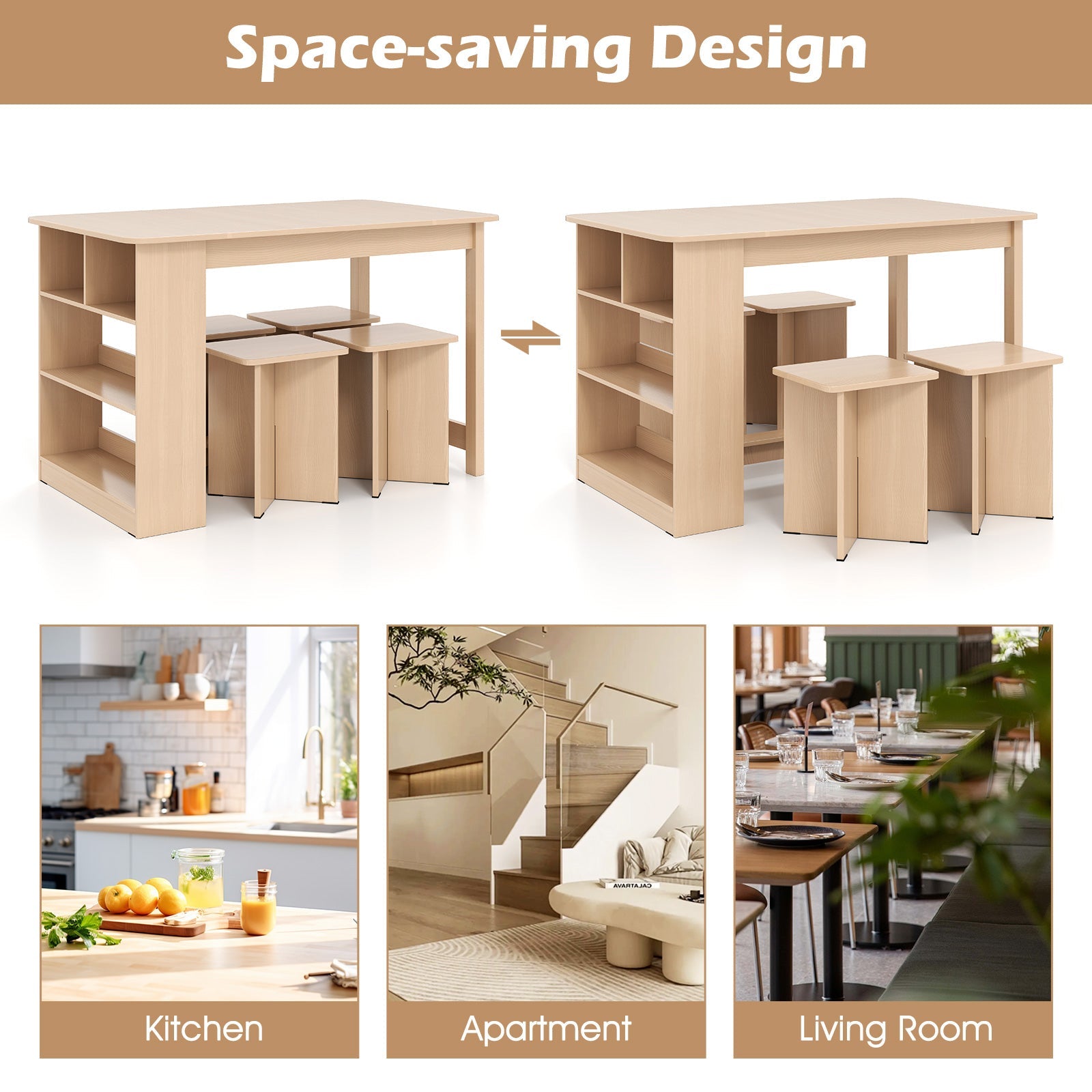 5-Piece Dining Set with Storage Shelf and 4 Stools