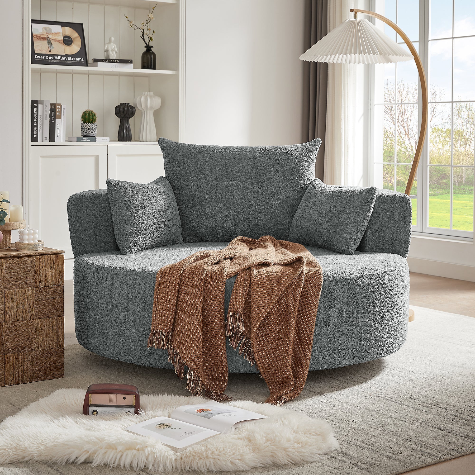 Swivel Barrel Chair - Grey Chenille with Removable Pillows
