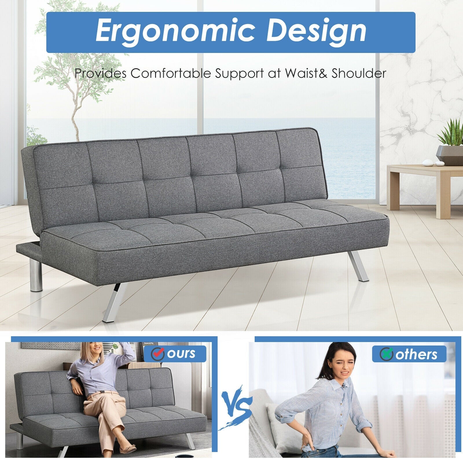 3-Seat Convertible Sofa Bed | Linen Fabric & High-Density Foam