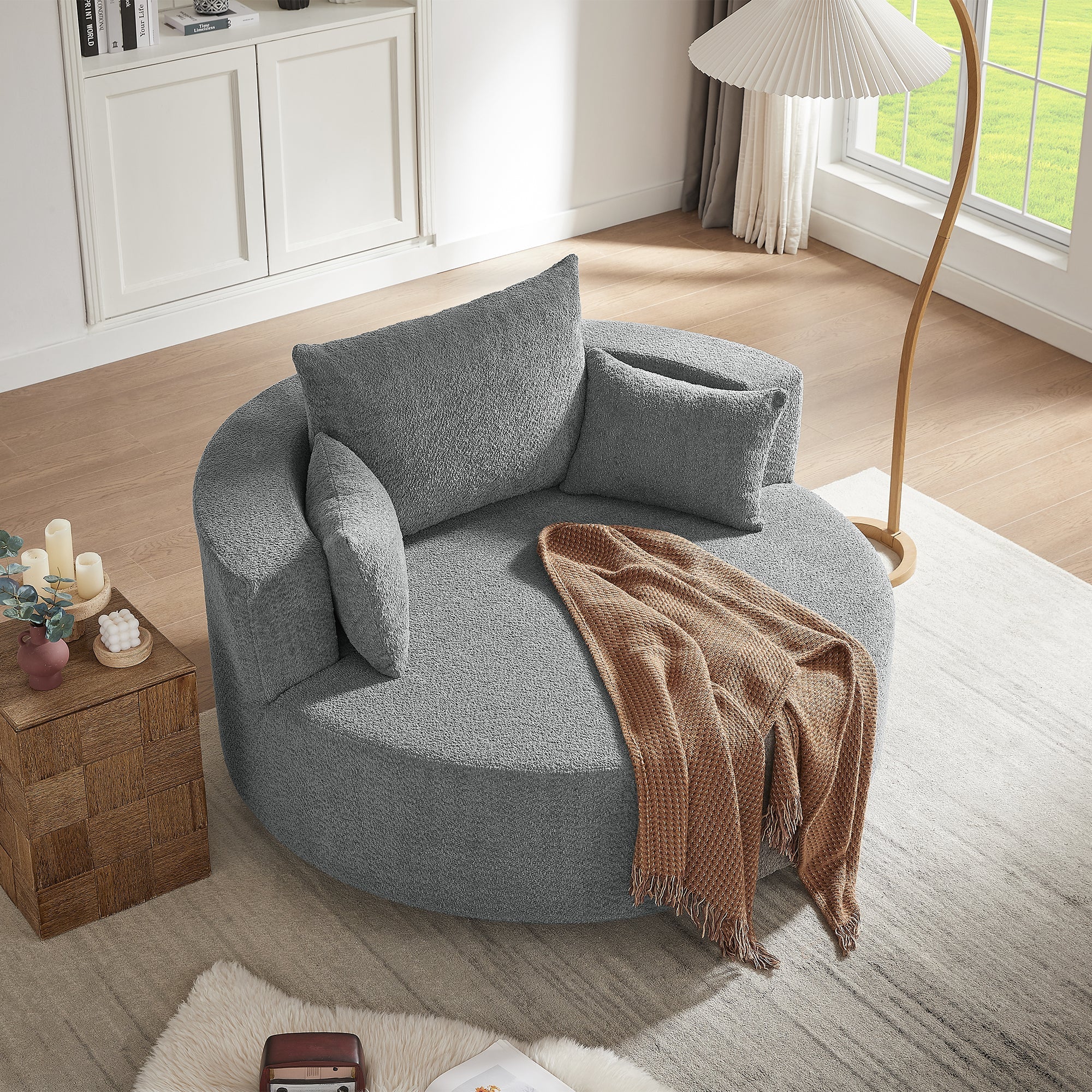 Swivel Barrel Chair - Grey Chenille with Removable Pillows