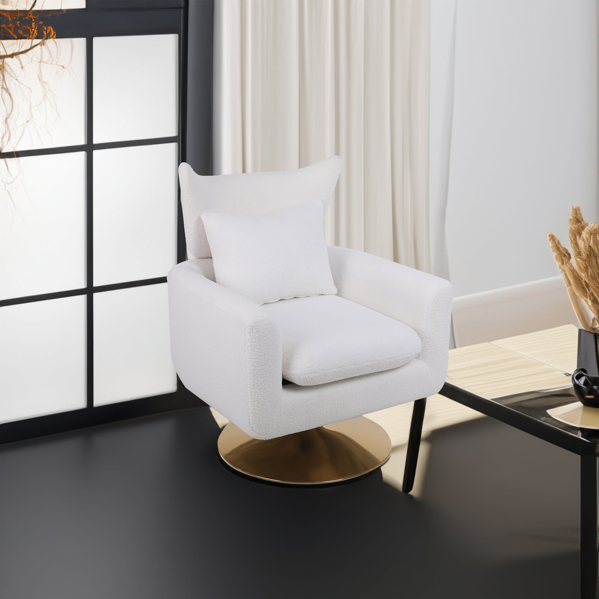 Mid-Century Swivel Accent Chair - White Teddy Fabric