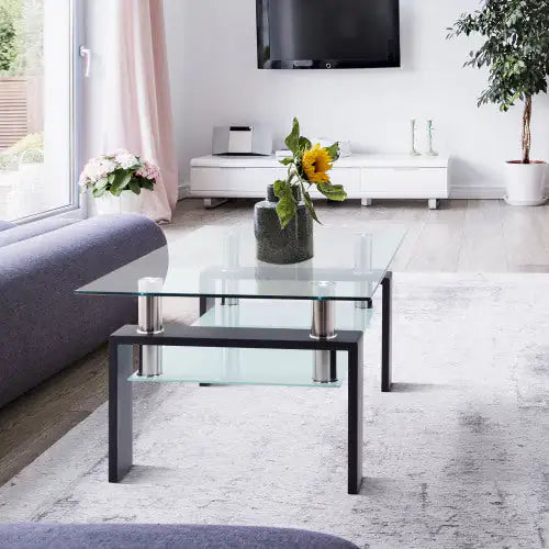 Rectangle Glass Coffee Table - Modern Black Frame