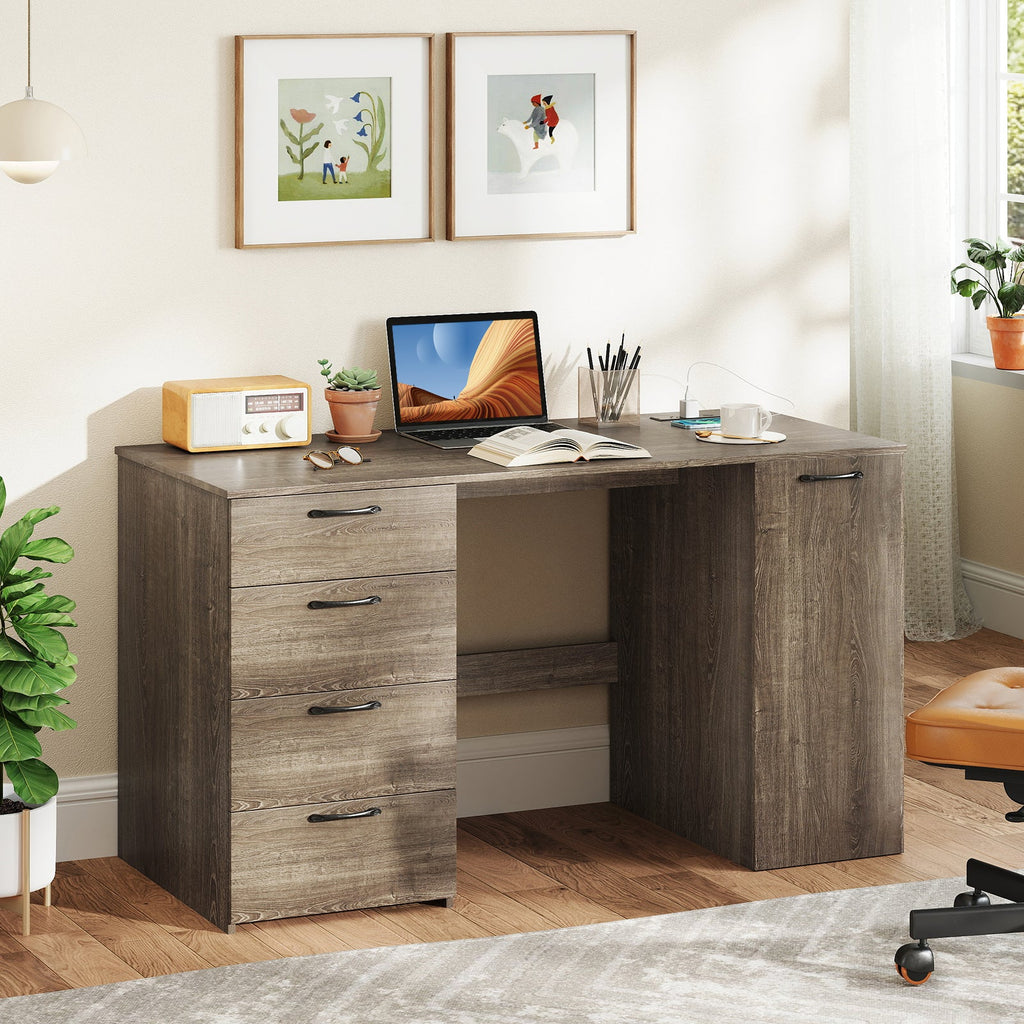 53" Computer Desk with Power Outlets & 4 Storage Drawers - Gray