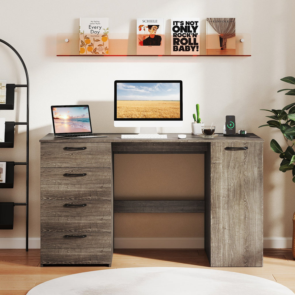 53" Computer Desk with Power Outlets & 4 Storage Drawers - Gray