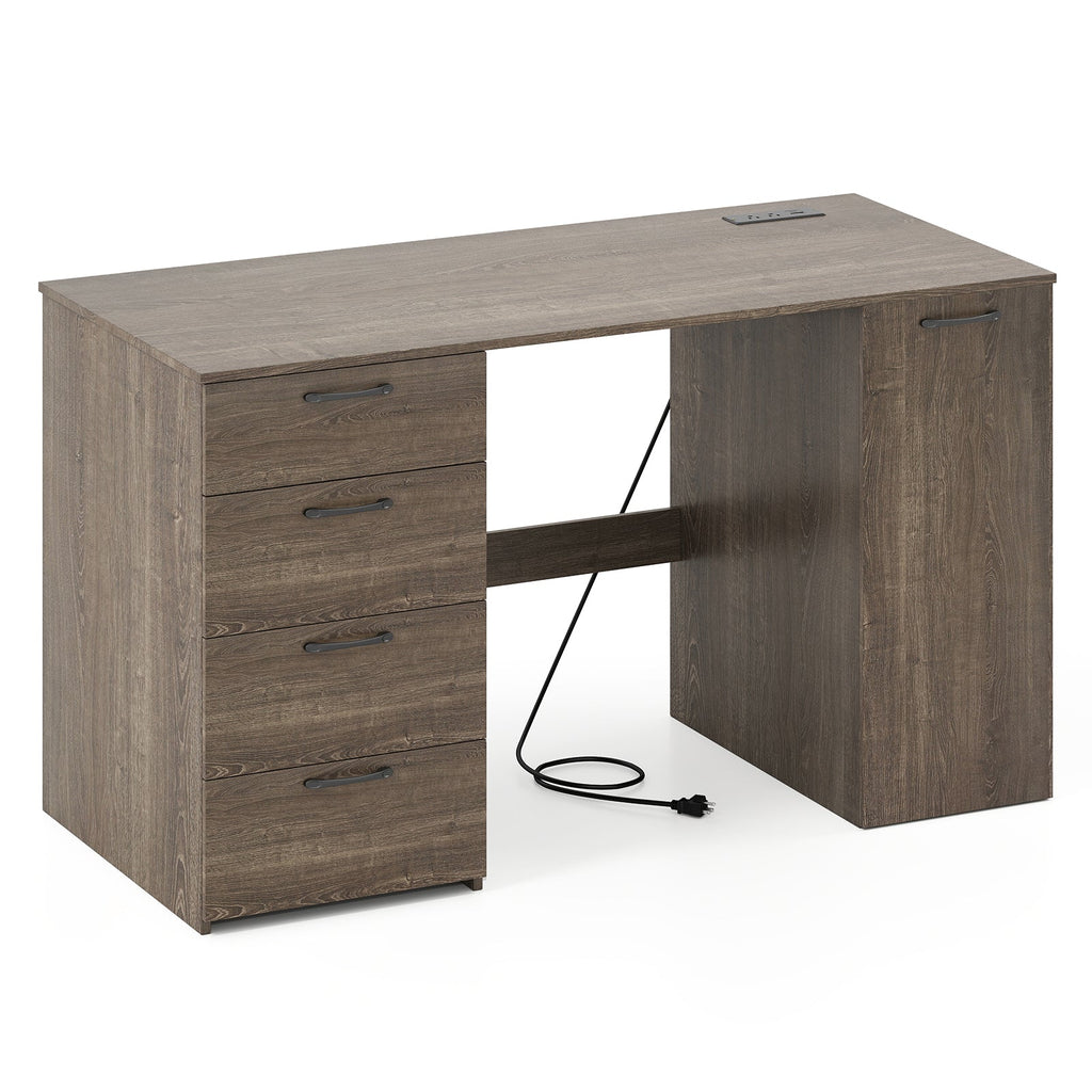 53" Computer Desk with Power Outlets & 4 Storage Drawers - Gray