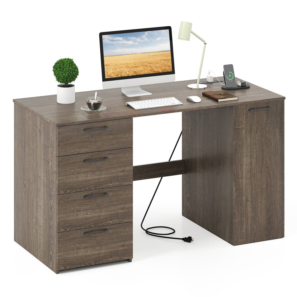 53" Computer Desk with Power Outlets & 4 Storage Drawers - Gray