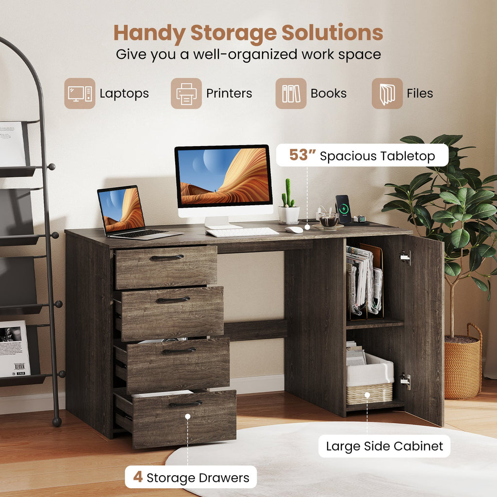 53" Computer Desk with Power Outlets & 4 Storage Drawers - Gray
