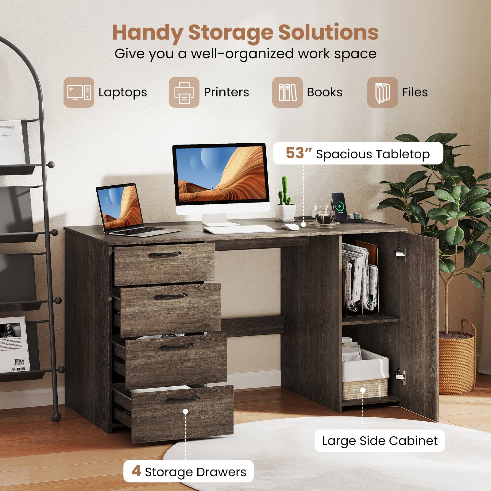 53" Computer Desk with Power Outlets & 4 Storage Drawers - Gray