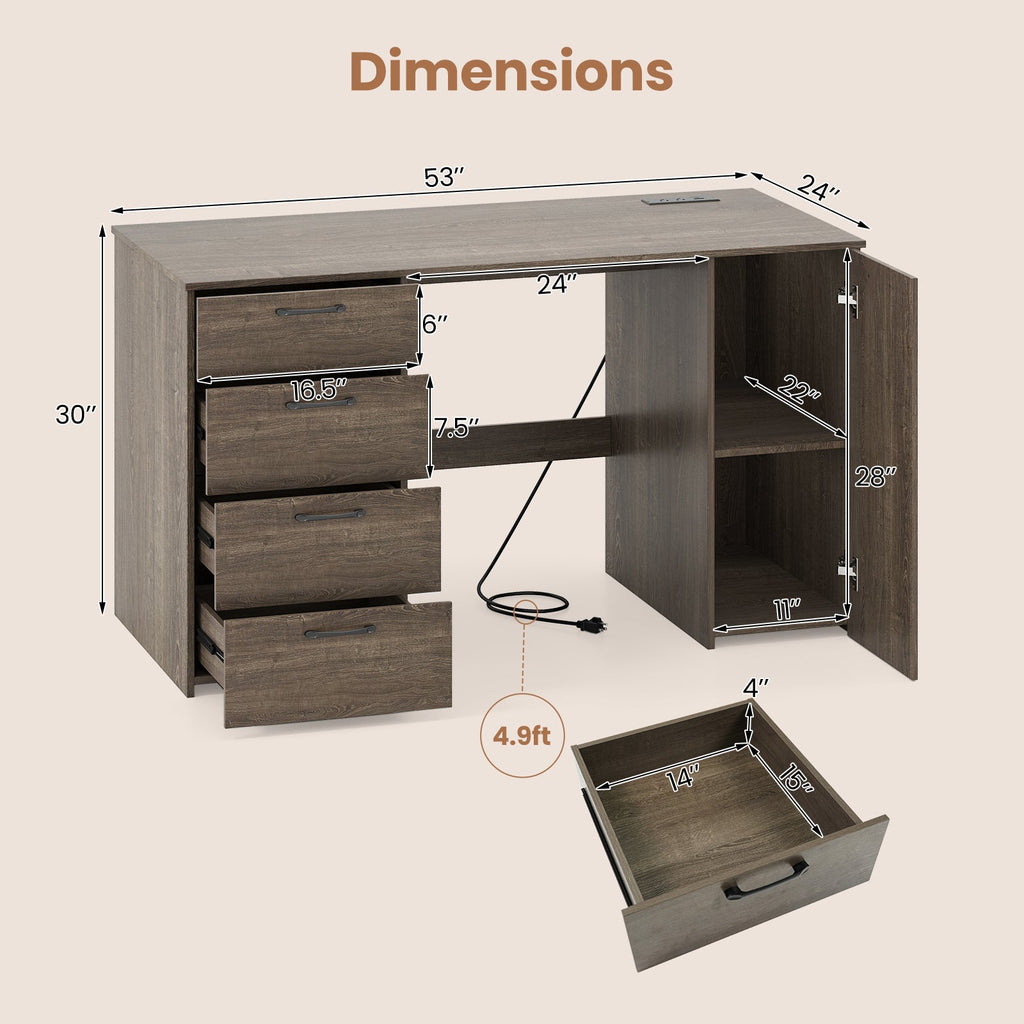 53" Computer Desk with Power Outlets & 4 Storage Drawers - Gray