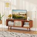Modern TV Stand with Rattan & Glass Sliding Doors - Brown