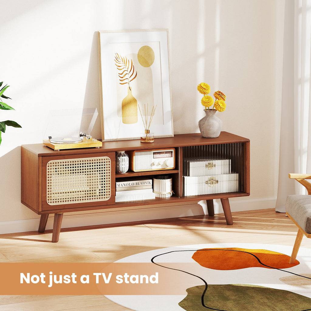 Modern TV Stand with Rattan & Glass Sliding Doors - Brown