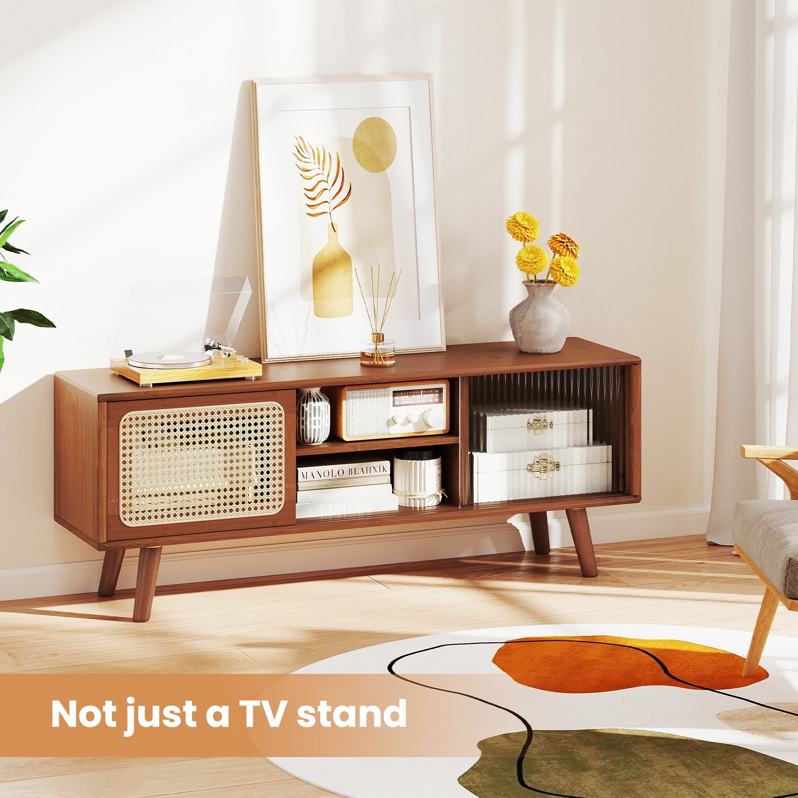 Modern TV Stand with Rattan & Glass Sliding Doors - Brown