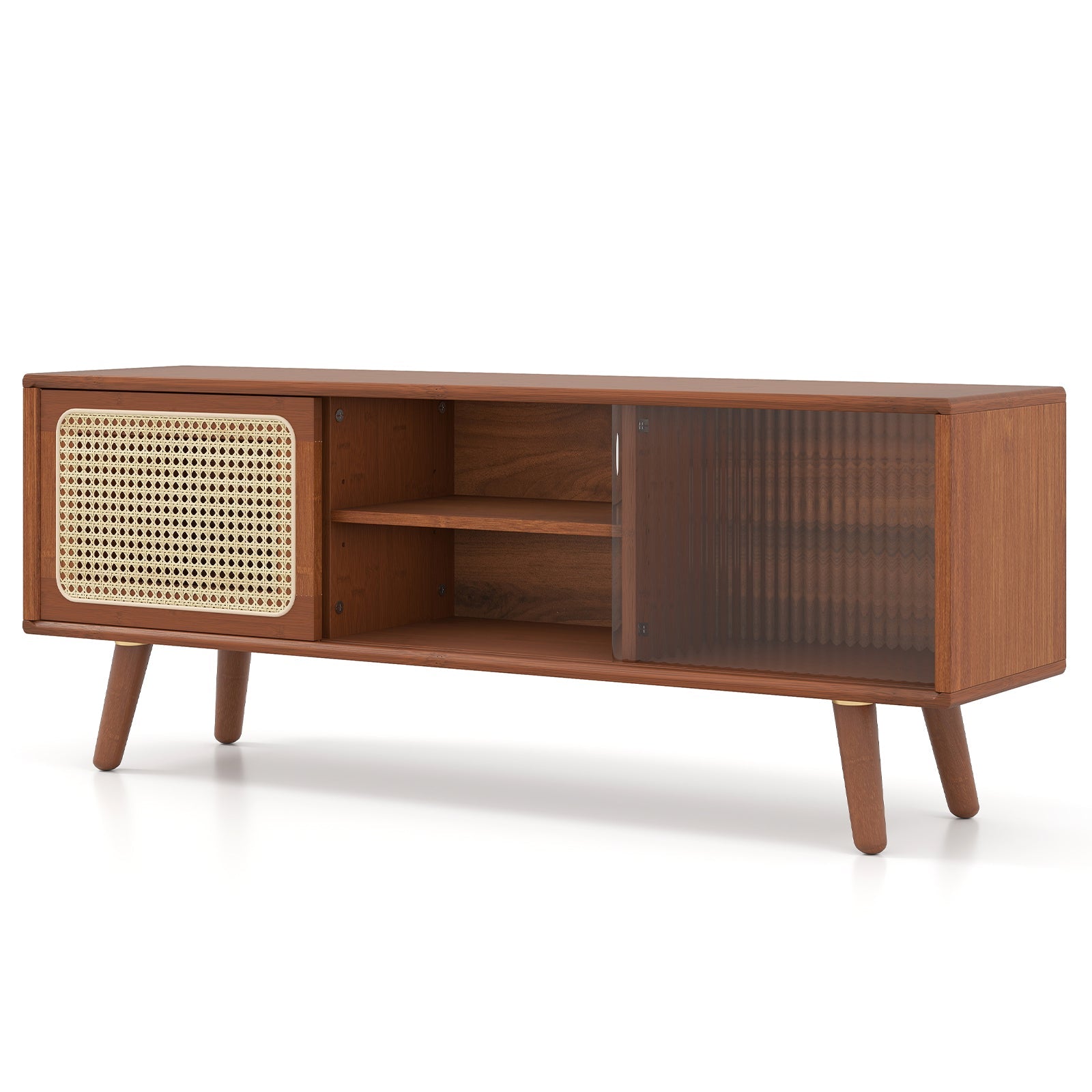 Modern TV Stand with Rattan & Glass Sliding Doors - Brown