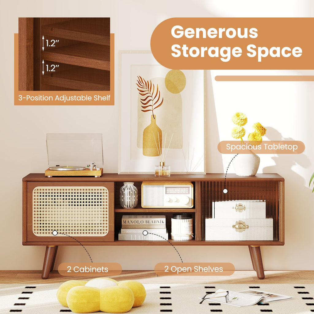 Modern TV Stand with Rattan & Glass Sliding Doors - Brown