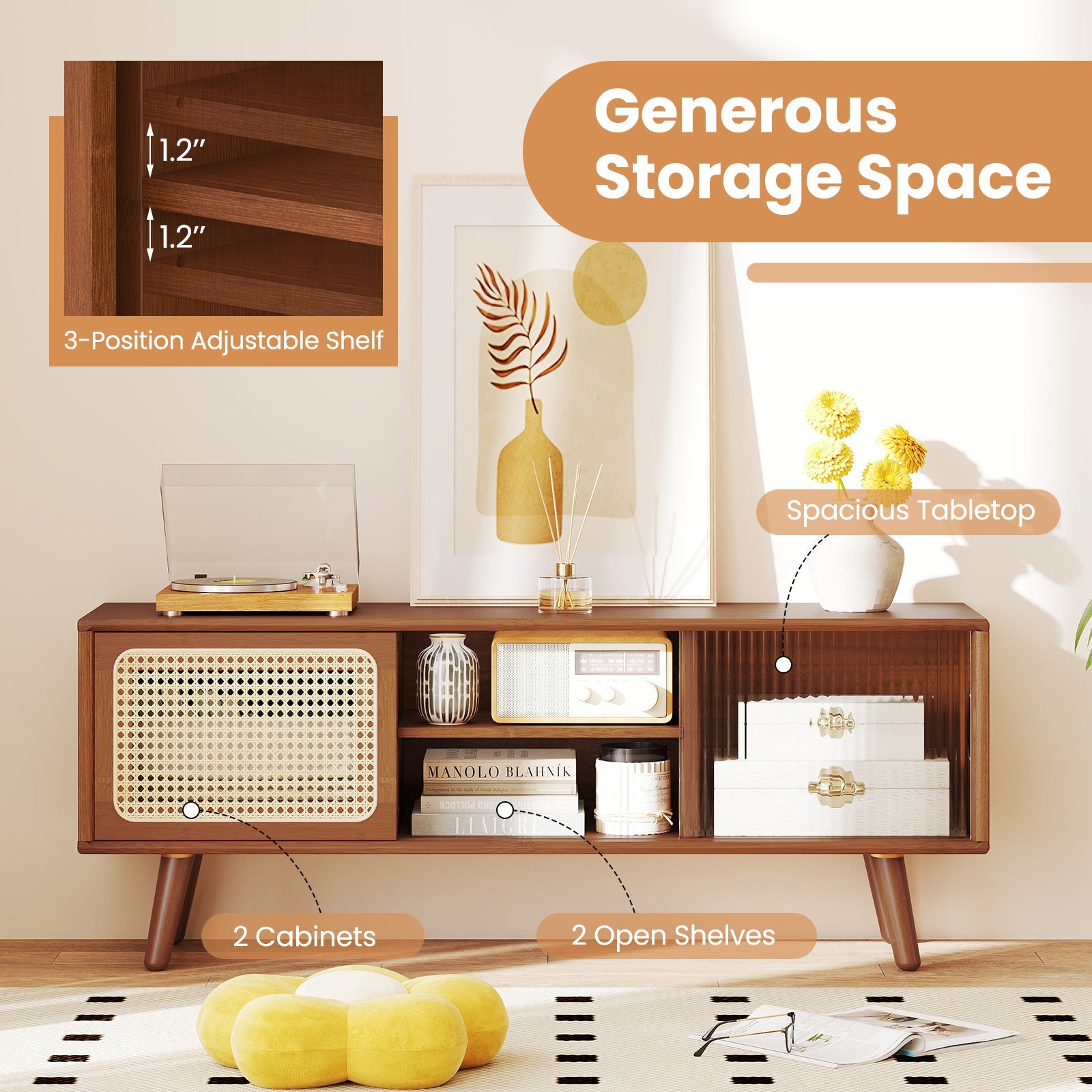 Modern TV Stand with Rattan & Glass Sliding Doors - Brown