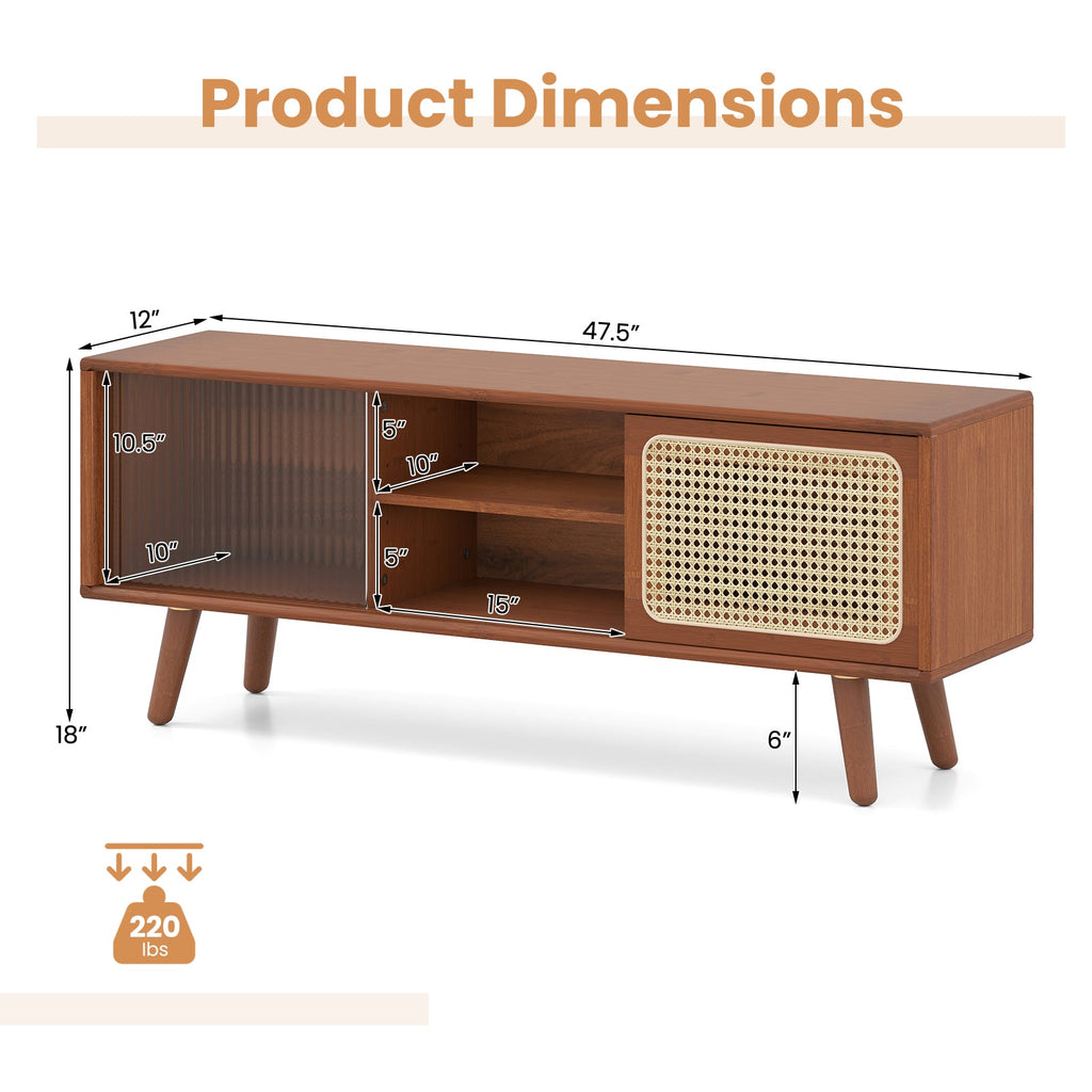 Modern TV Stand with Rattan & Glass Sliding Doors - Brown