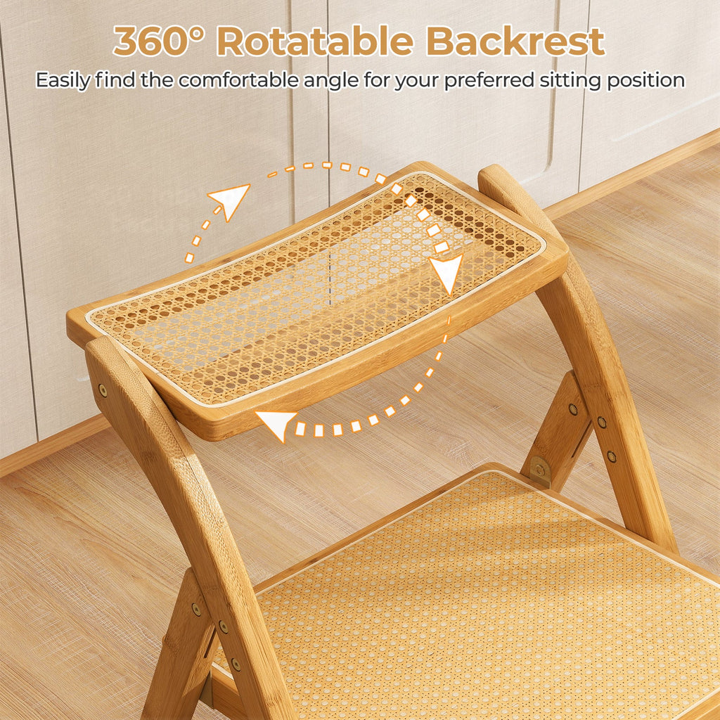 Rattan Cane Folding Dining Chairs Set of 2 with Rotatable Backrests-Natural