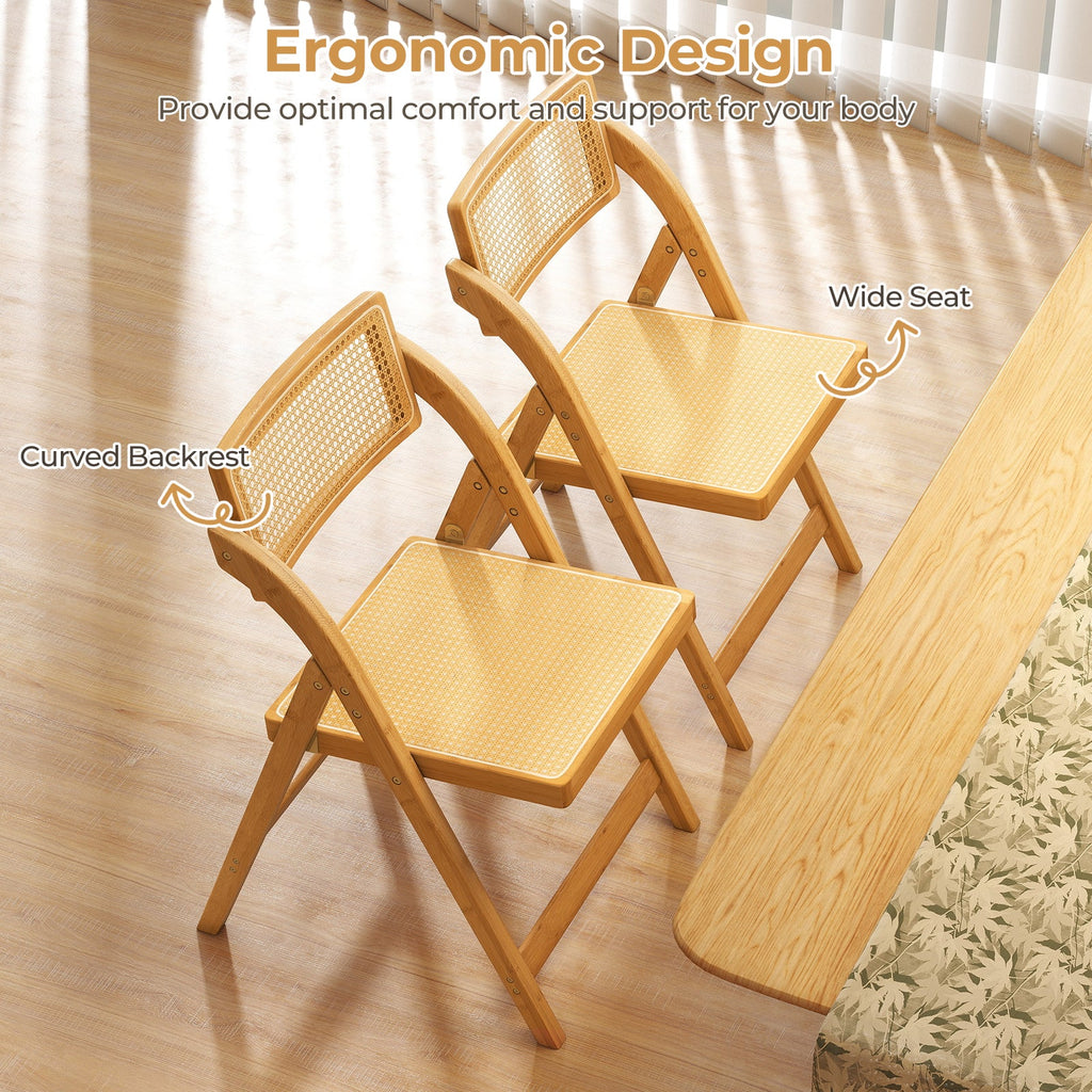 Rattan Cane Folding Dining Chairs Set of 2 with Rotatable Backrests-Natural