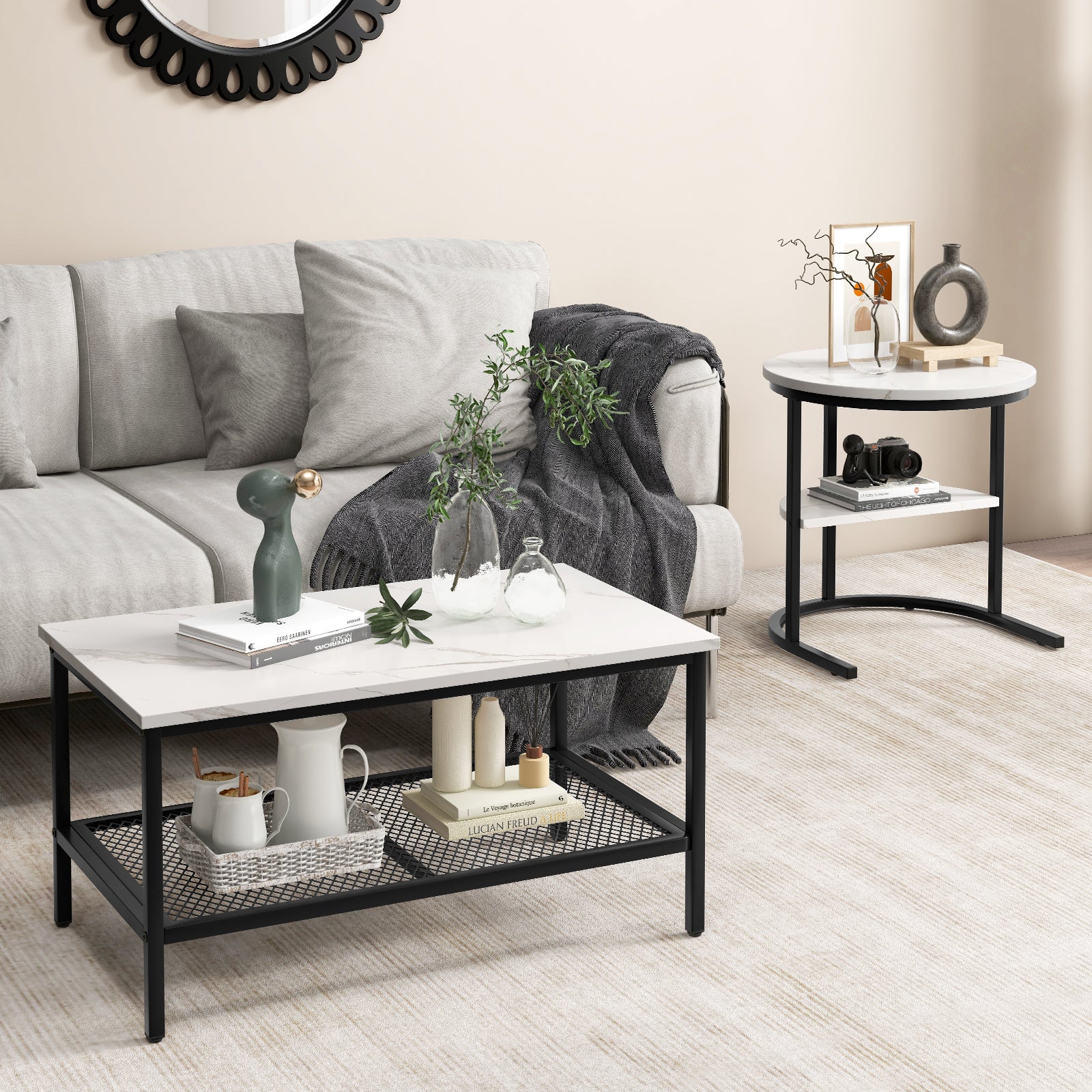 Set of 2 Nesting Coffee Tables with Marble Tops