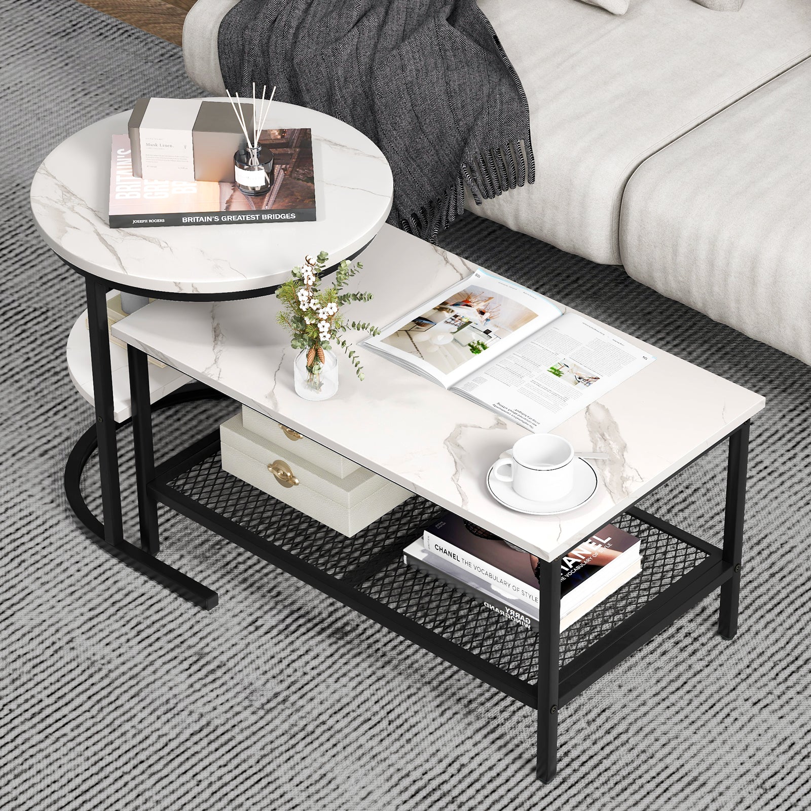 Set of 2 Nesting Coffee Tables with Marble Tops