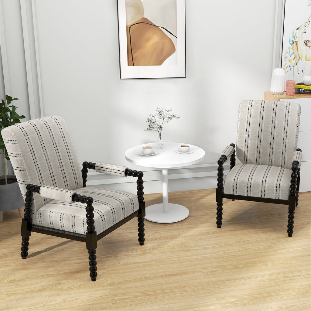 Beige Linen Accent Chair with Rubberwood Frame