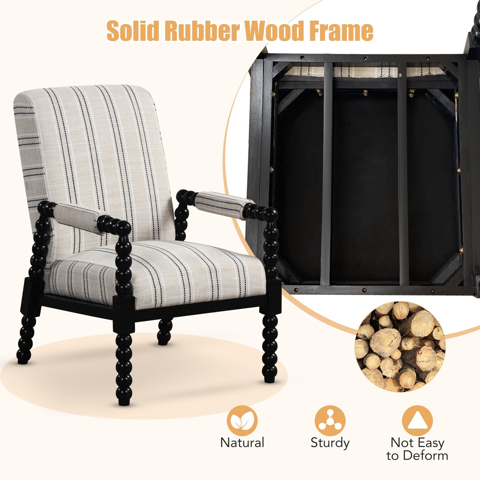 Beige Linen Accent Chair with Rubberwood Frame