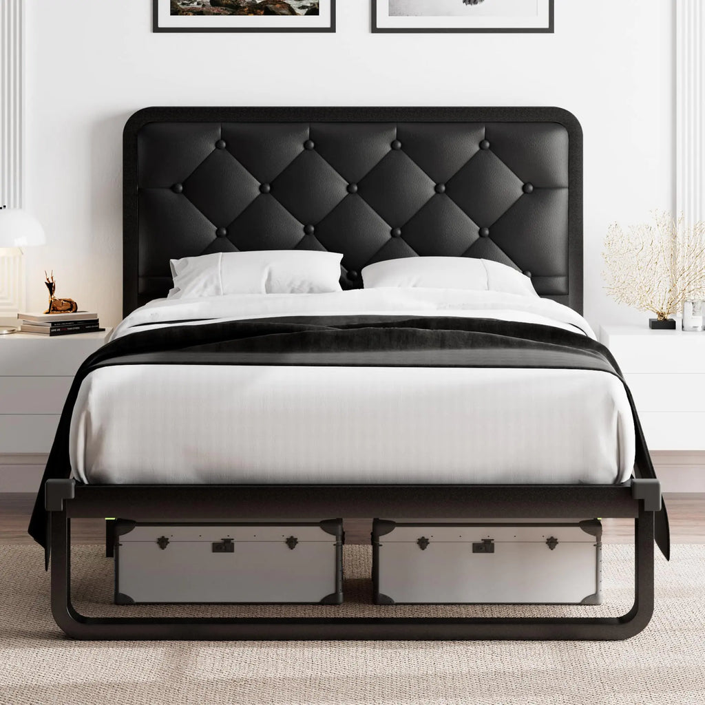 Upholstered Twin Platform Bed with Storage - Diamond Tufted Headboard