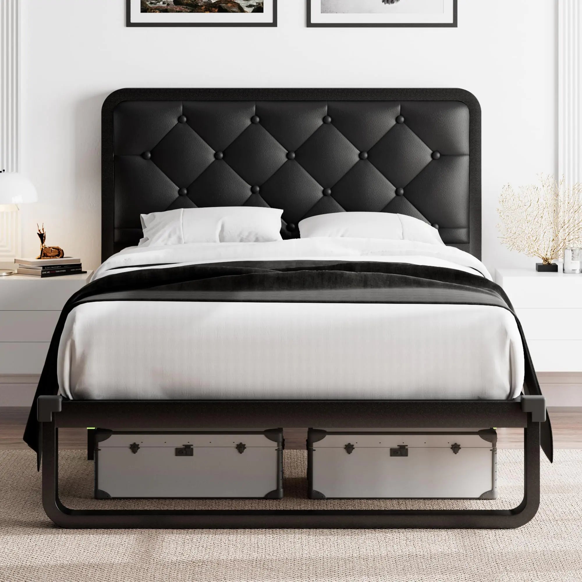 Upholstered Twin Platform Bed with Storage - Diamond Tufted Headboard