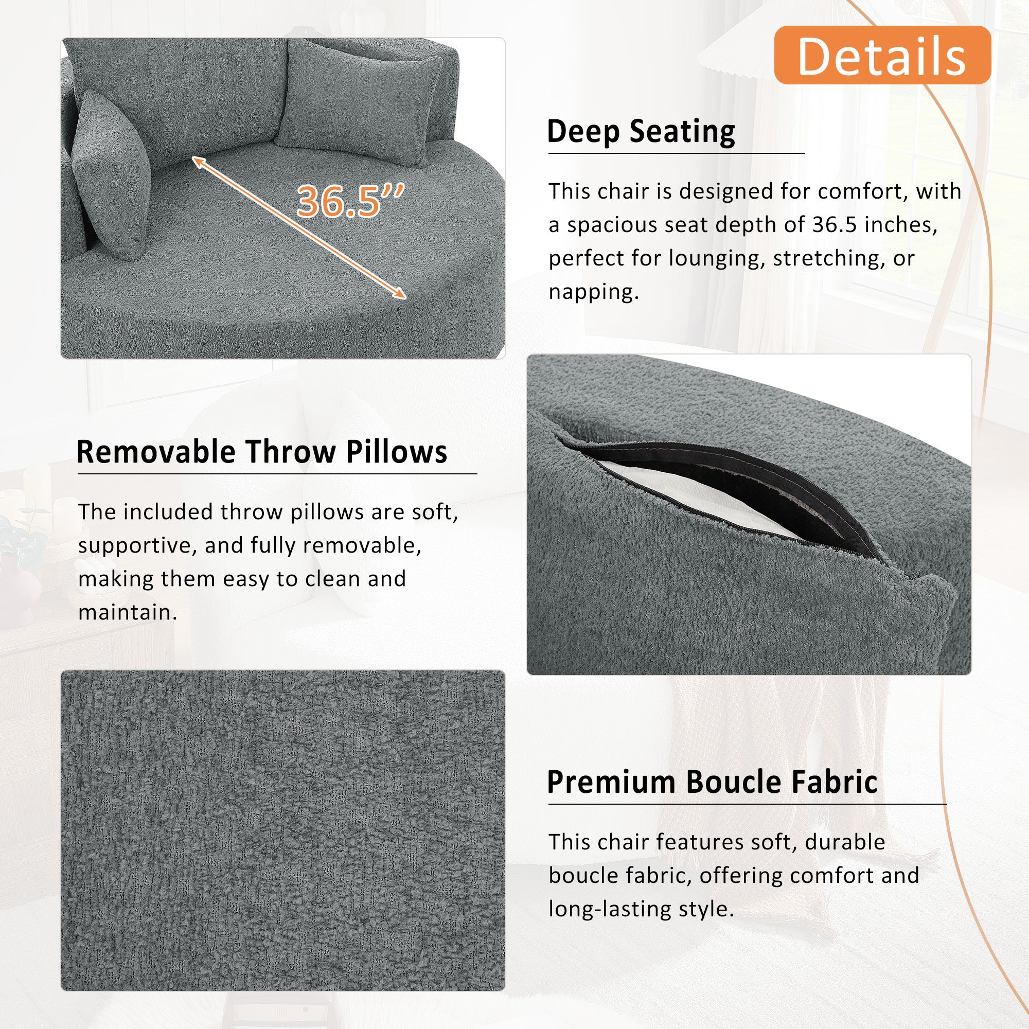 Swivel Barrel Chair - Grey Chenille with Removable Pillows
