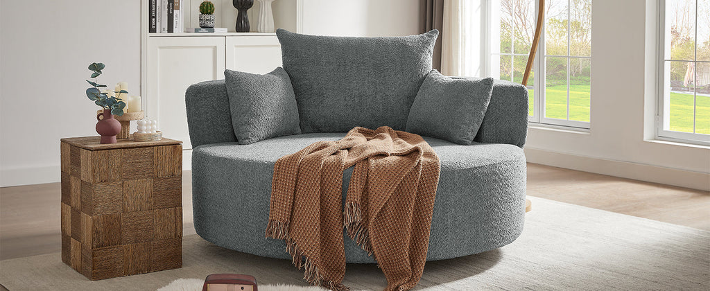 Swivel Barrel Chair - Grey Chenille with Removable Pillows