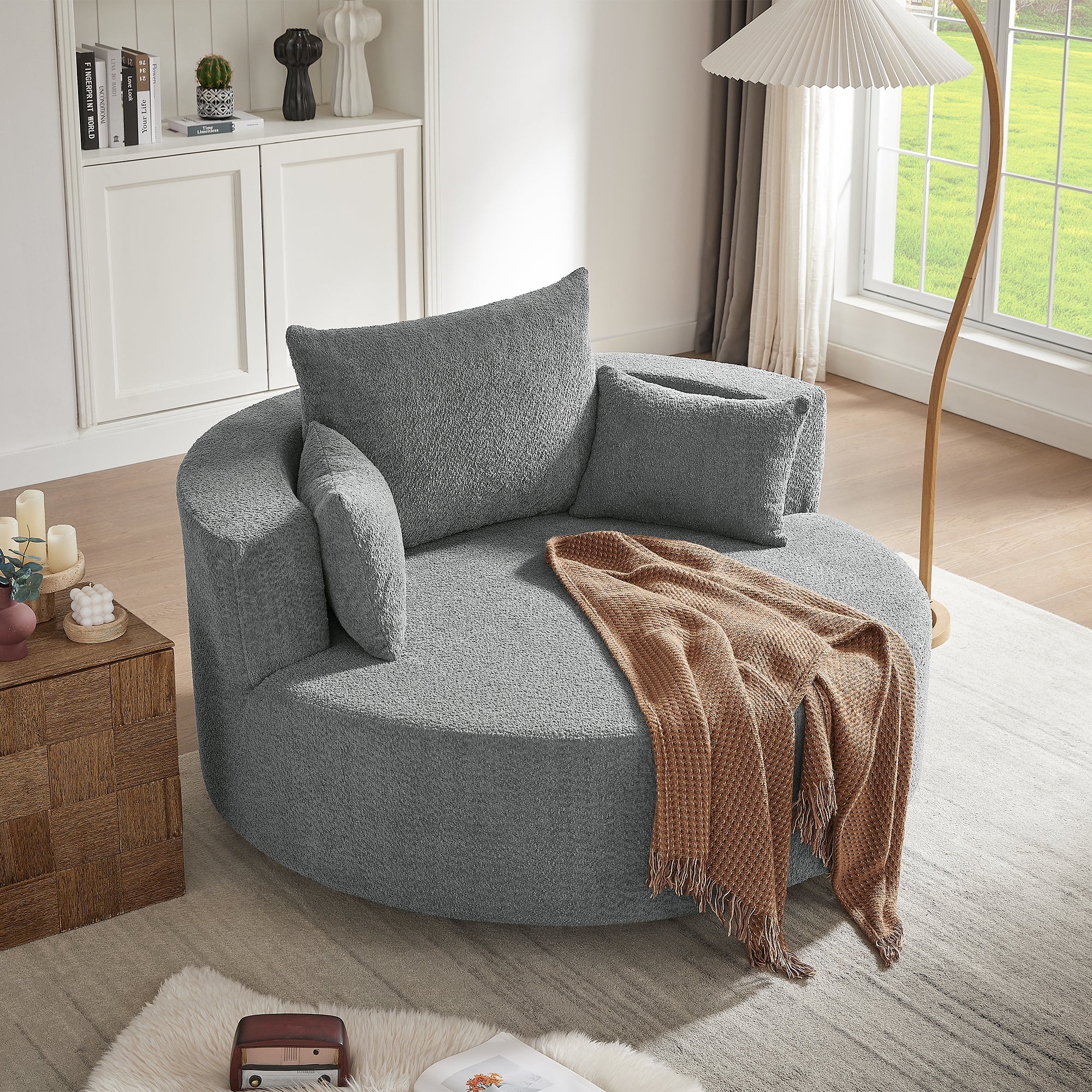 Swivel Barrel Chair - Grey Chenille with Removable Pillows