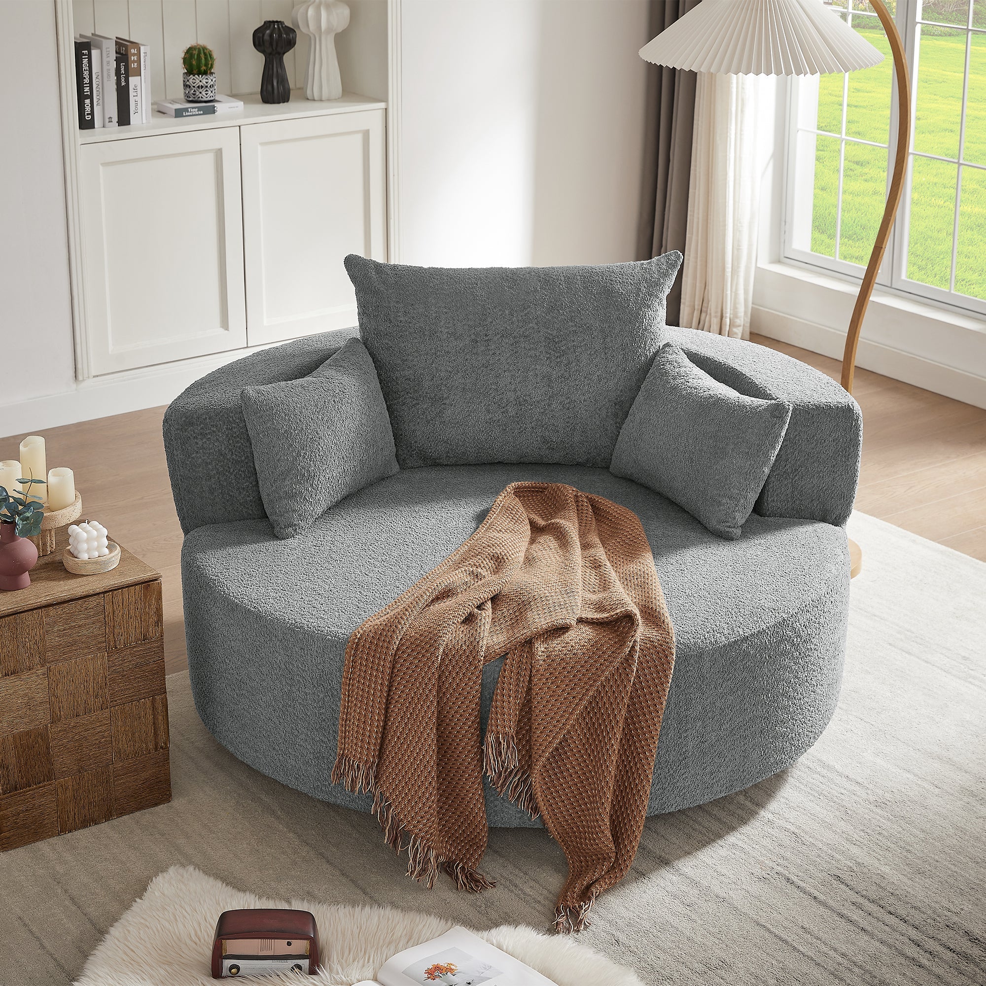 Swivel Barrel Chair - Grey Chenille with Removable Pillows