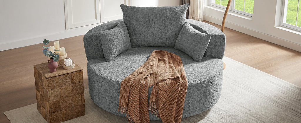 Swivel Barrel Chair - Grey Chenille with Removable Pillows