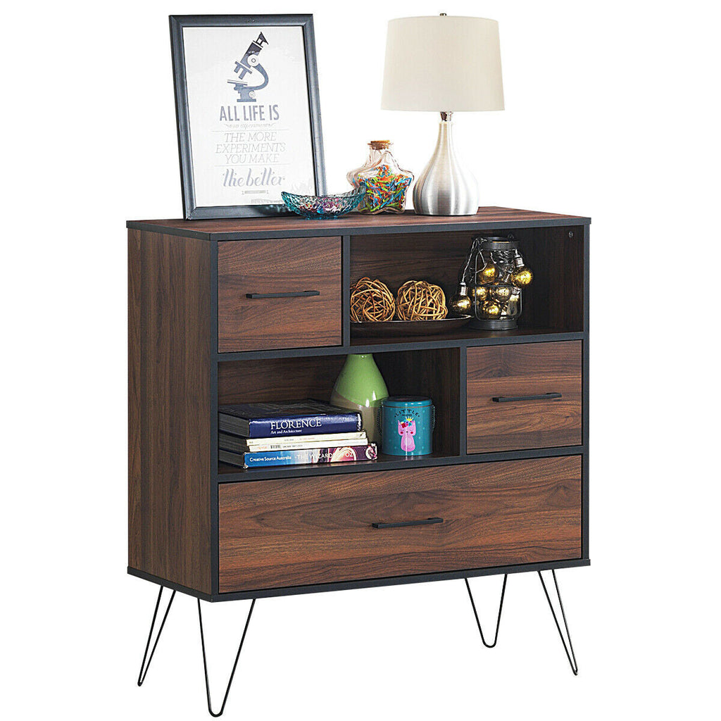 3-Tier Wood Storage Cabinet with Drawers and Metal Legs
