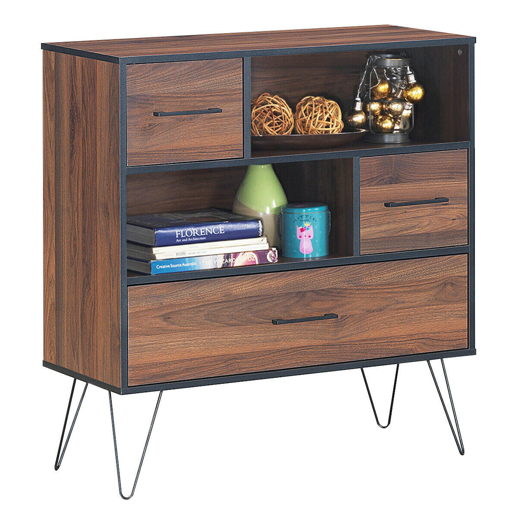 3-Tier Wood Storage Cabinet with Drawers and Metal Legs