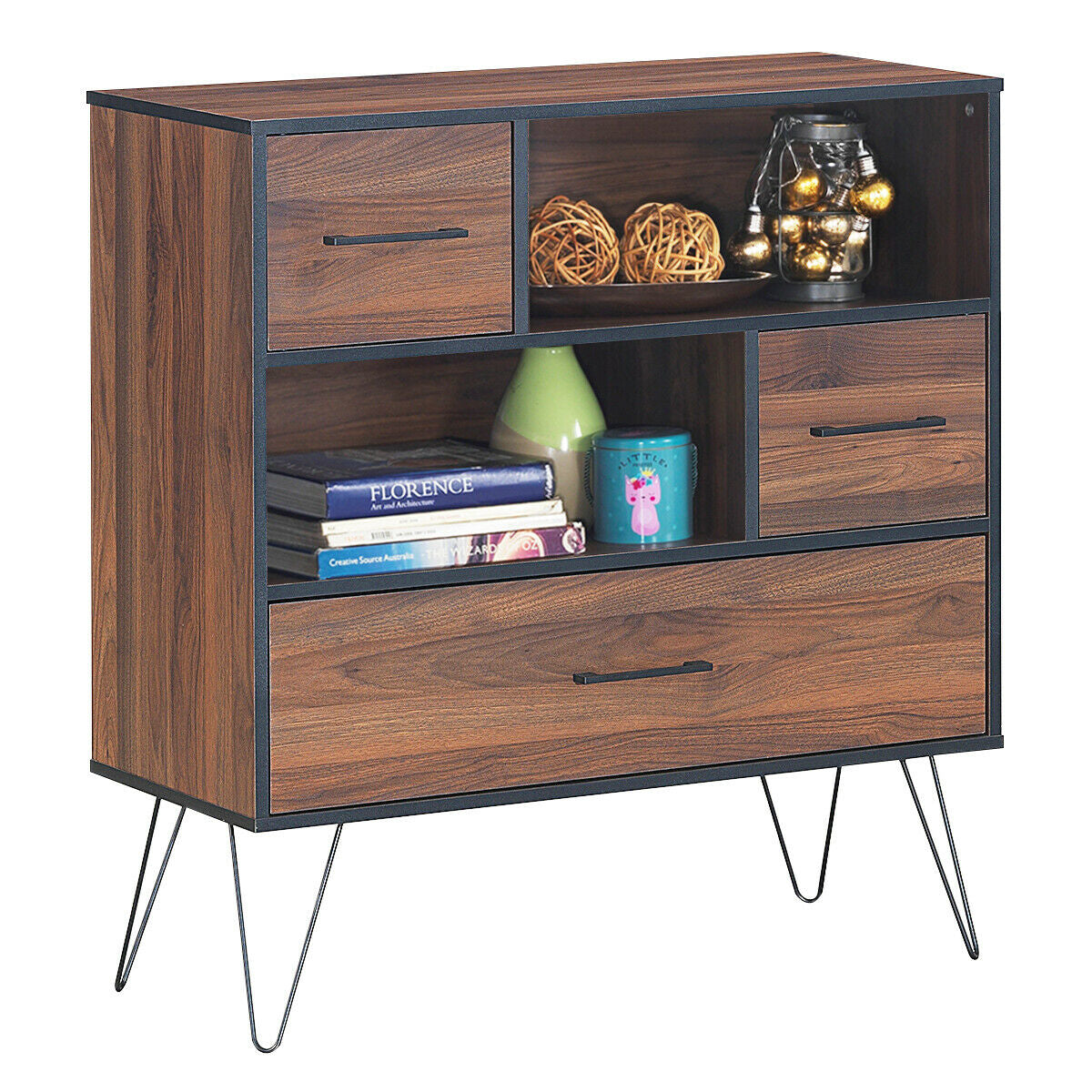 3-Tier Wood Storage Cabinet with Drawers and Metal Legs