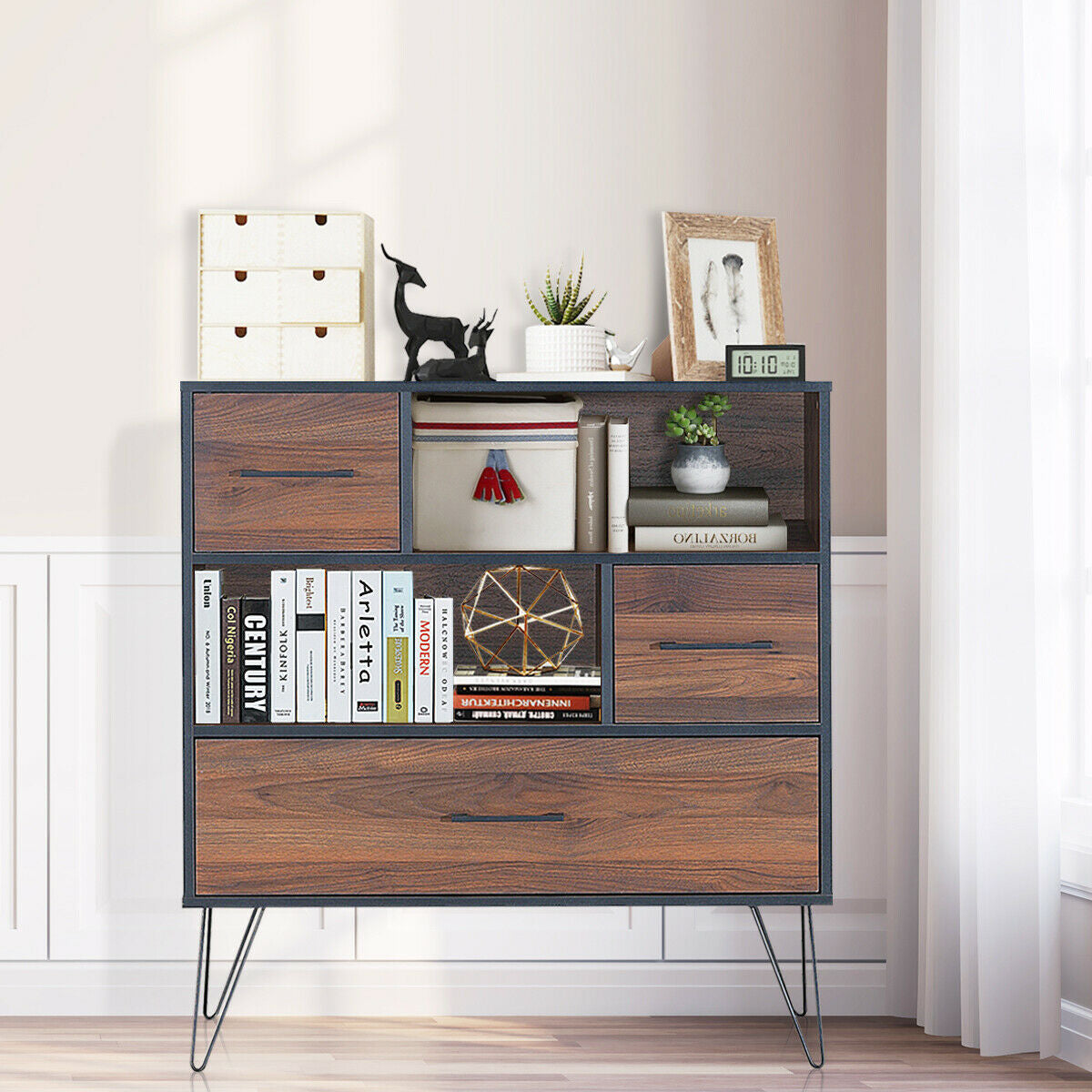 3-Tier Wood Storage Cabinet with Drawers and Metal Legs