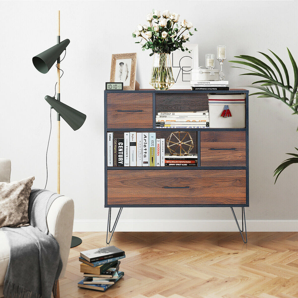 3-Tier Wood Storage Cabinet with Drawers and Metal Legs