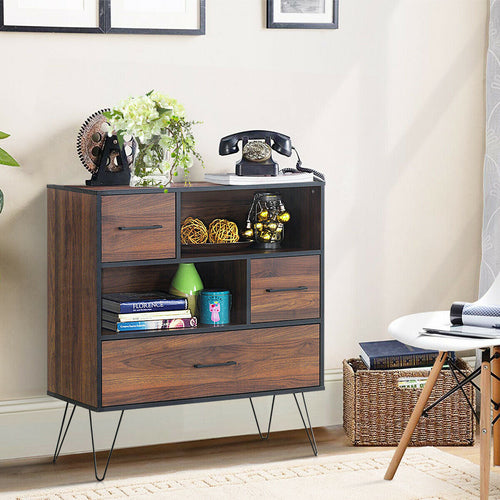 3-Tier Wood Storage Cabinet with Drawers and Metal Legs
